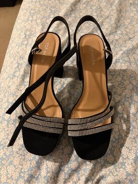 TOP Moda Black Rhinestone Strap Slingback Block Heels